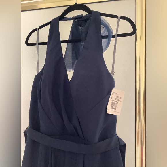 David’s Bridal V-neck halter gown, size 14, NWT, midnight blue, long chiffon bow - Picture 2 of 5